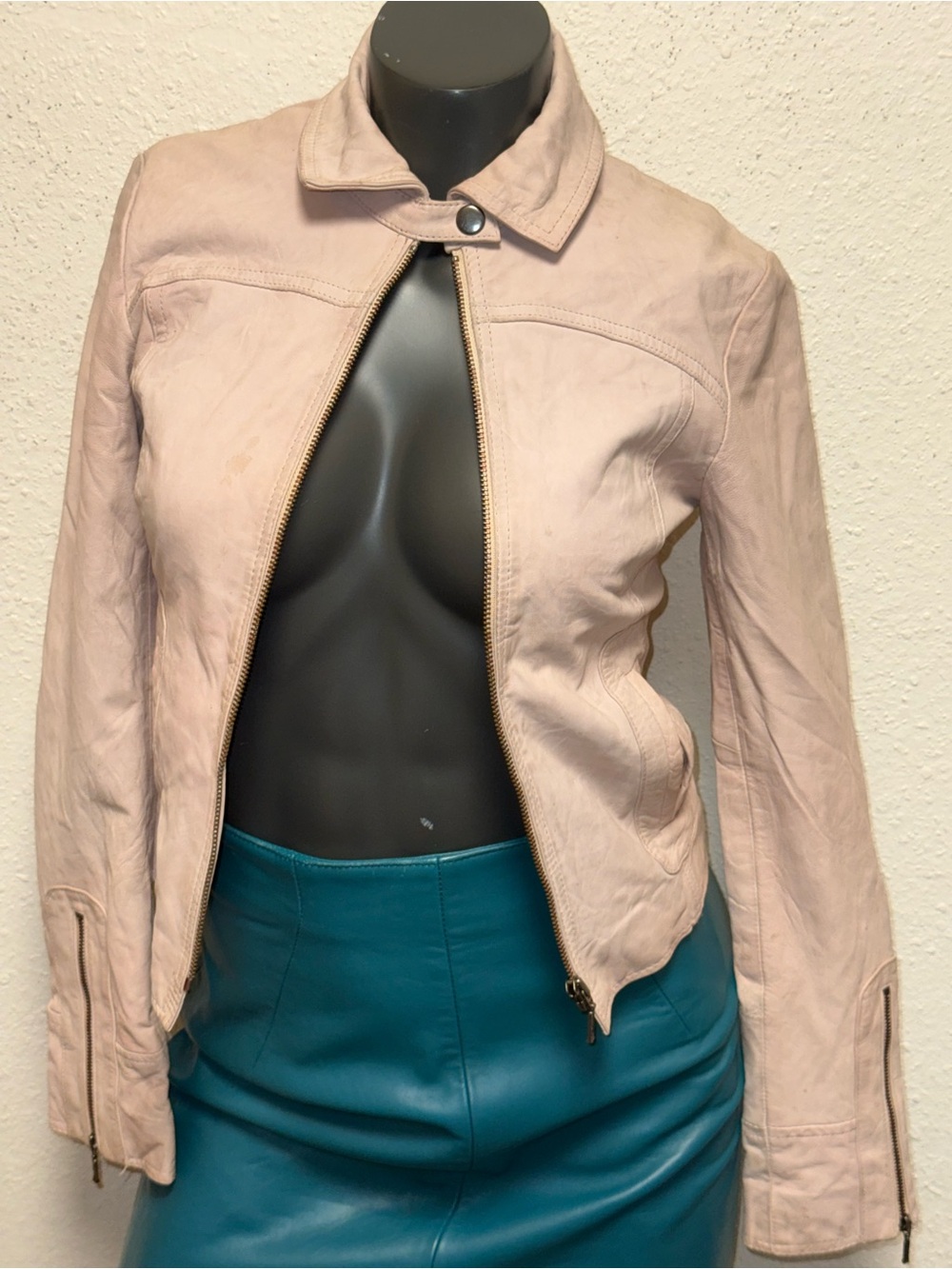 Guess Blush Pink Leather Moto Jacket with Gold Zipper